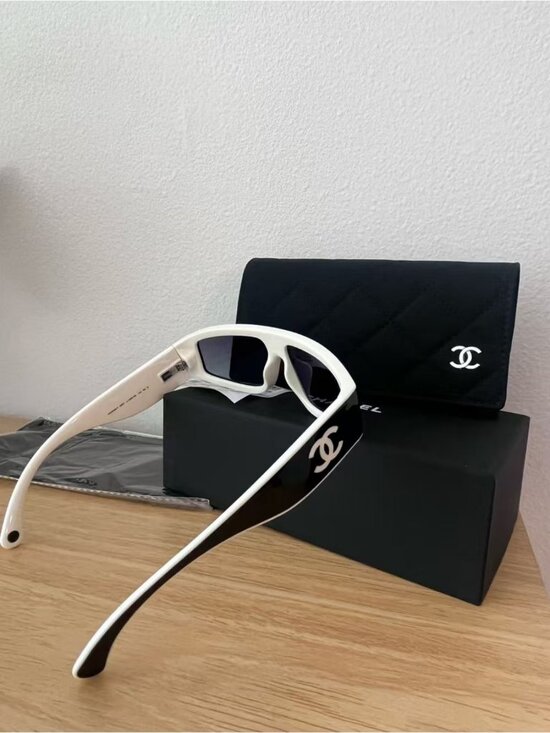 CHANEL Black White Rectangle CC Logo Wrap Sunglasses
